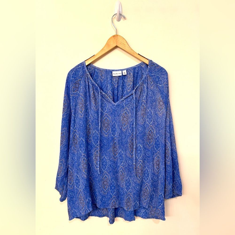 Kim Rogers Textured 3/4 Sleeve Pullover in a Blue Boho Print size XL